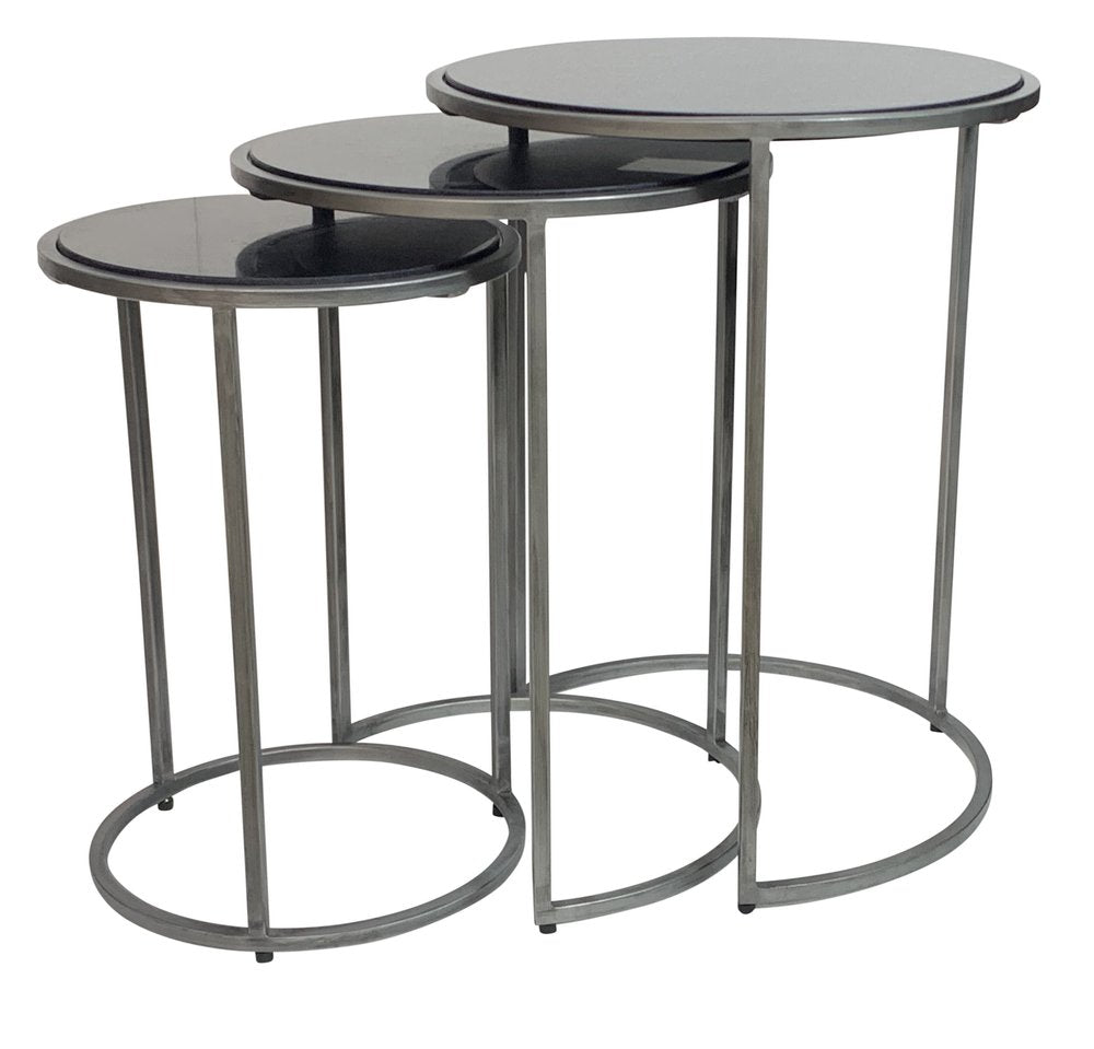 Set of Three Black and Gray Marble and Iron Round Frame Nested Tables