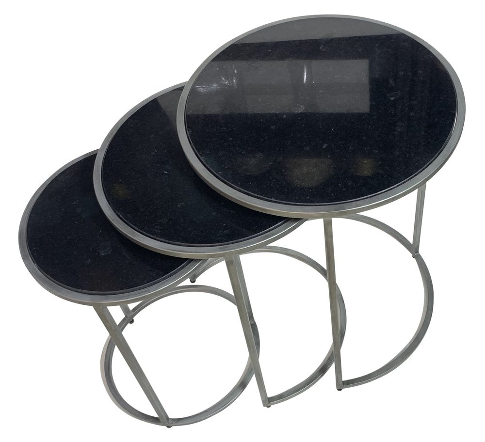 Set of Three Black and Gray Marble and Iron Round Frame Nested Tables