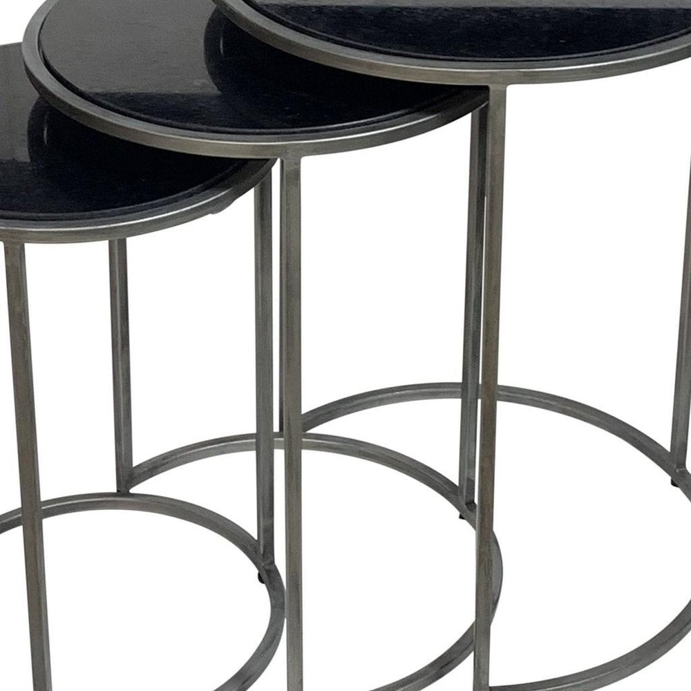 Set of Three Black and Gray Marble and Iron Round Frame Nested Tables