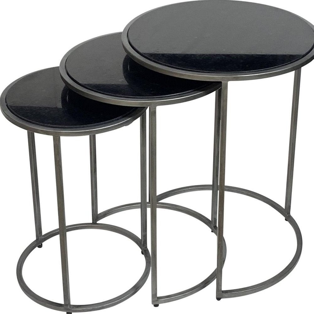 Set of Three Black and Gray Marble and Iron Round Frame Nested Tables