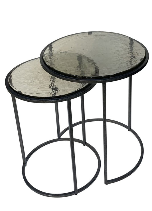 Set of Two Clear and Gunmetal Glass and Iron Round Frame Nested Tables