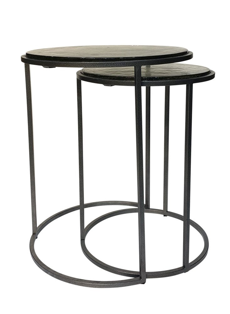 Set of Two Clear and Gunmetal Glass and Iron Round Frame Nested Tables