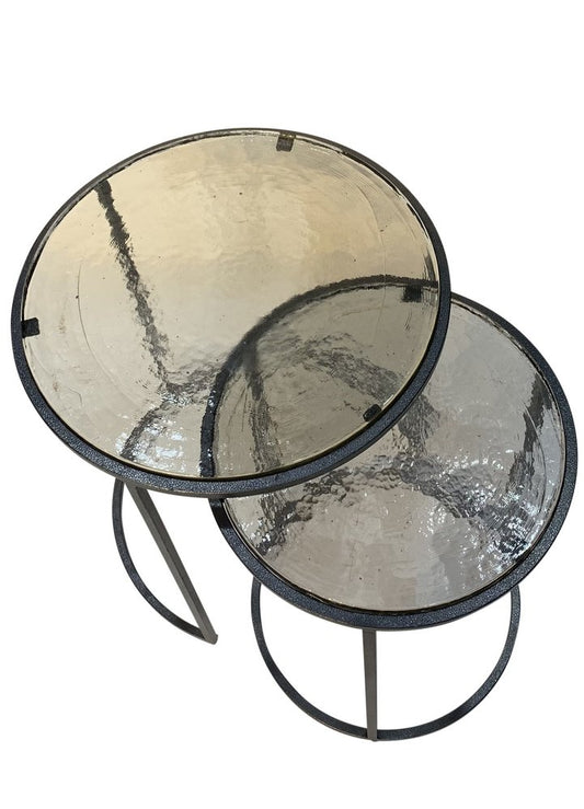 Set of Two Clear and Gunmetal Glass and Iron Round Frame Nested Tables