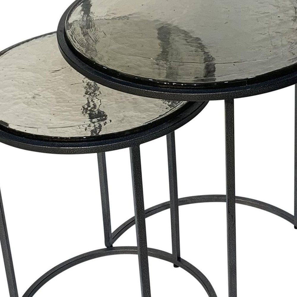 Set of Two Clear and Gunmetal Glass and Iron Round Frame Nested Tables