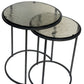 Set of Two Clear and Gunmetal Glass and Iron Round Frame Nested Tables