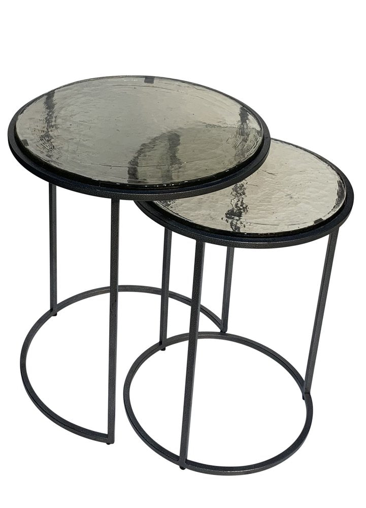 Set of Two Clear and Gunmetal Glass and Iron Round Frame Nested Tables