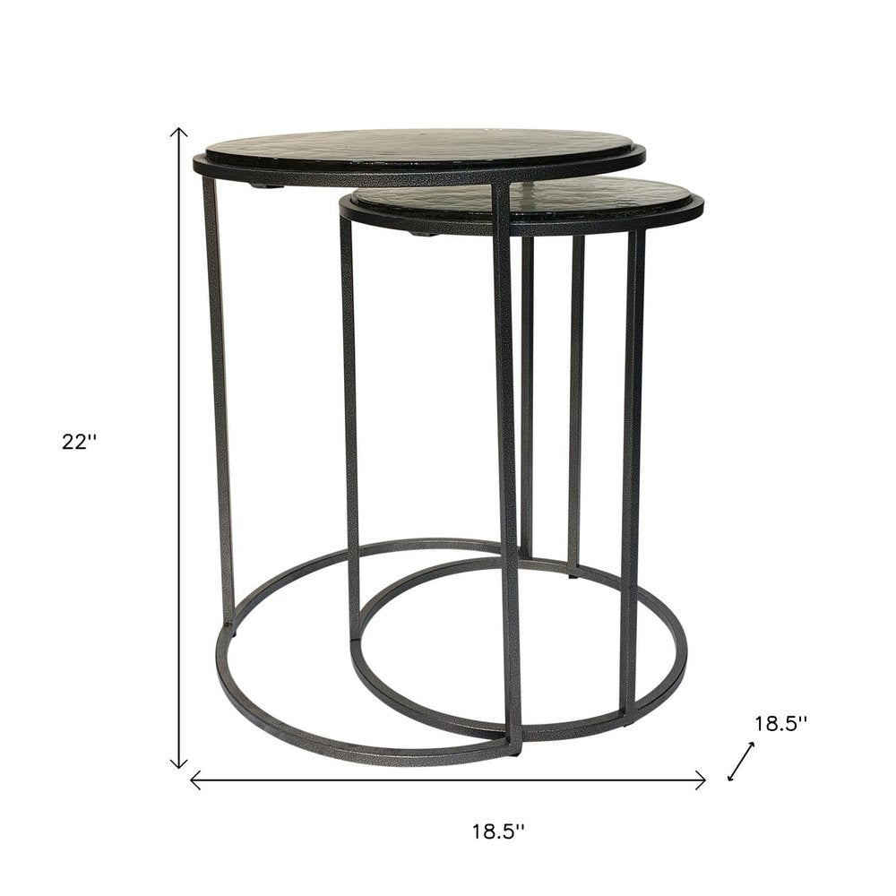 Set of Two Clear and Gunmetal Glass and Iron Round Frame Nested Tables