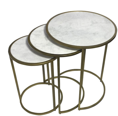 Set of Three White and Antiqued Gold Marble and Iron Round Frame Nested Tables