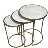 Set of Three White and Antiqued Gold Marble and Iron Round Frame Nested Tables