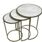 Set of Three White and Antiqued Gold Marble and Iron Round Frame Nested Tables