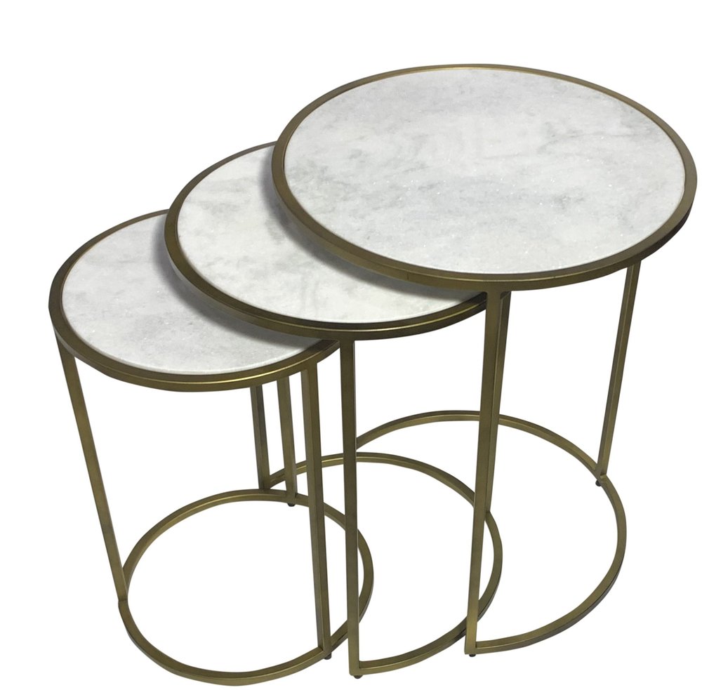Set of Three White and Antiqued Gold Marble and Iron Round Frame Nested Tables