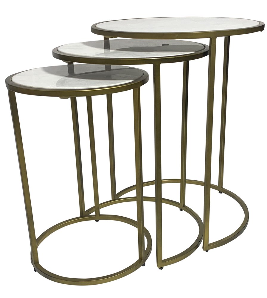 Set of Three White and Antiqued Gold Marble and Iron Round Frame Nested Tables