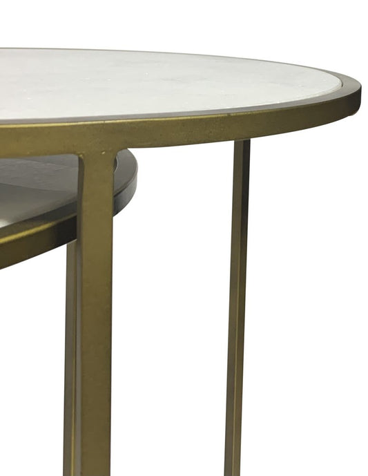 Set of Three White and Antiqued Gold Marble and Iron Round Frame Nested Tables