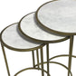 Set of Three White and Antiqued Gold Marble and Iron Round Frame Nested Tables