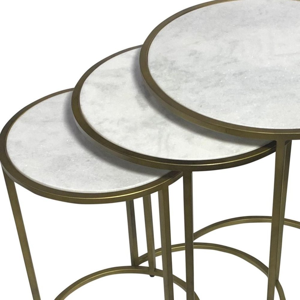 Set of Three White and Antiqued Gold Marble and Iron Round Frame Nested Tables