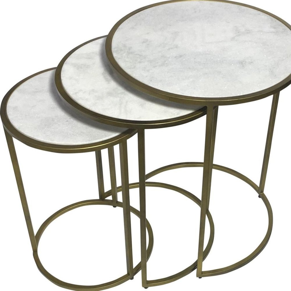 Set of Three White and Antiqued Gold Marble and Iron Round Frame Nested Tables