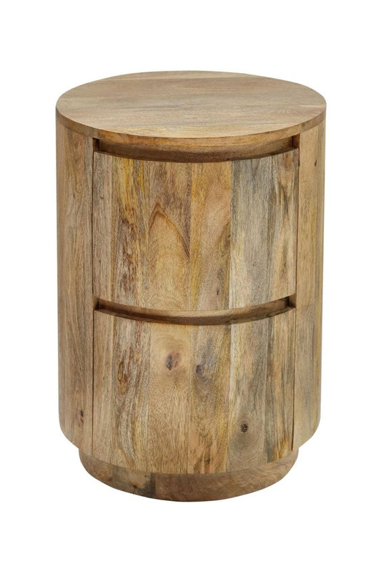 24" Natural Solid Wood Round Block End Table With Two Drawers