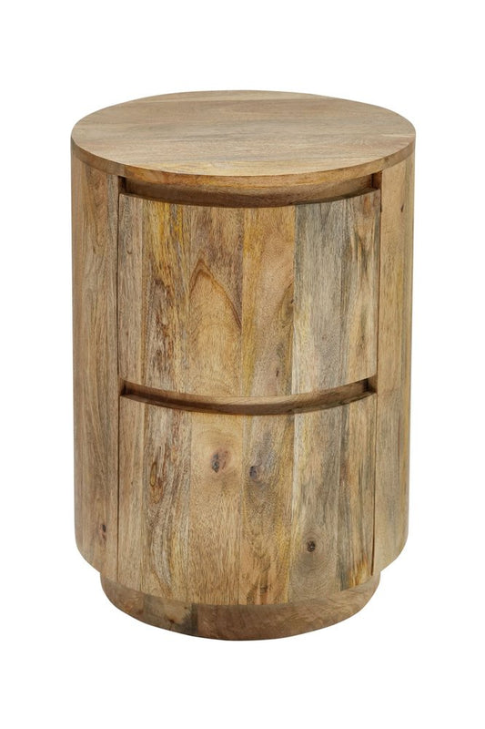 24" Natural Solid Wood Round Drum End Table With Two Drawers