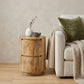 24" Natural Solid Wood Round Block End Table With Two Drawers