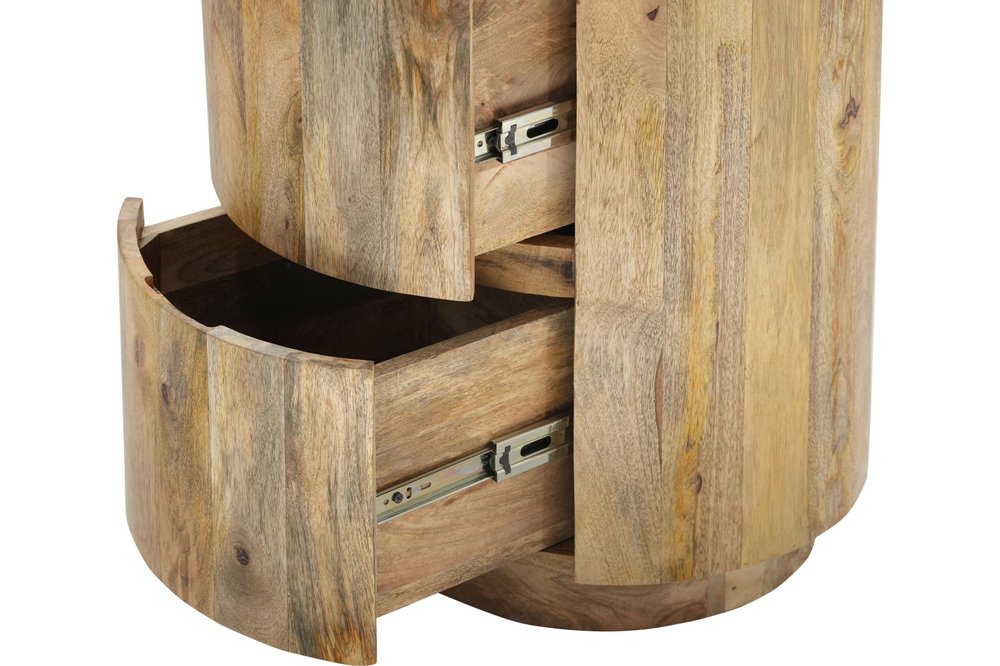 24" Natural Solid Wood Round Drum End Table With Two Drawers