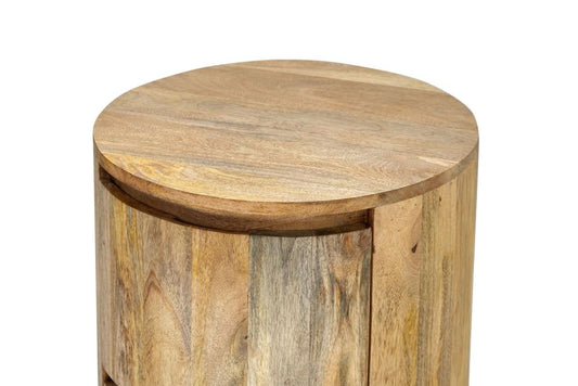 24" Natural Solid Wood Round Block End Table With Two Drawers