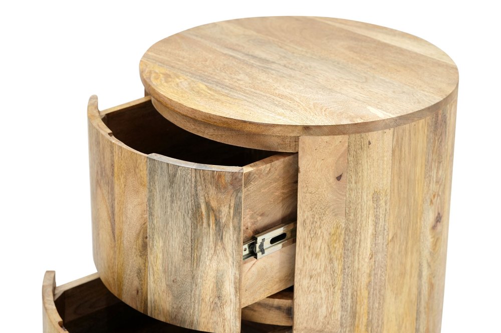 24" Natural Solid Wood Round Drum End Table With Two Drawers