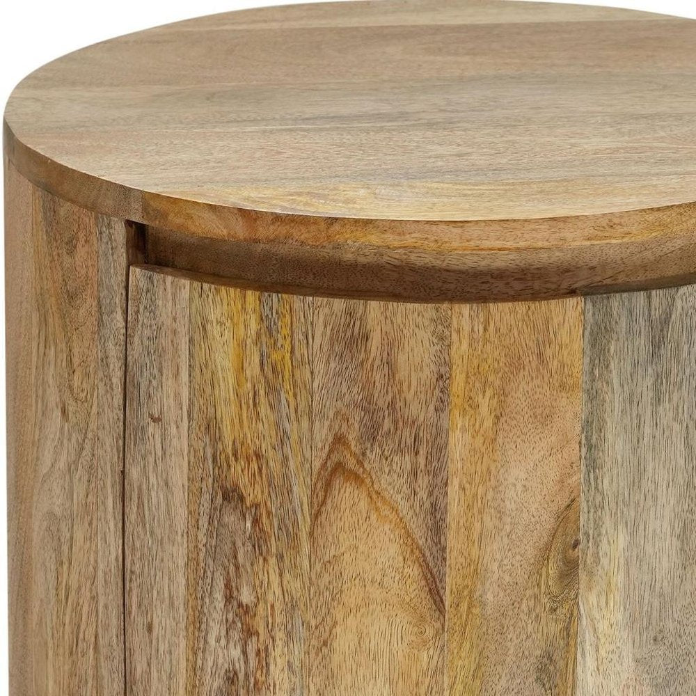 24" Natural Solid Wood Round Drum End Table With Two Drawers