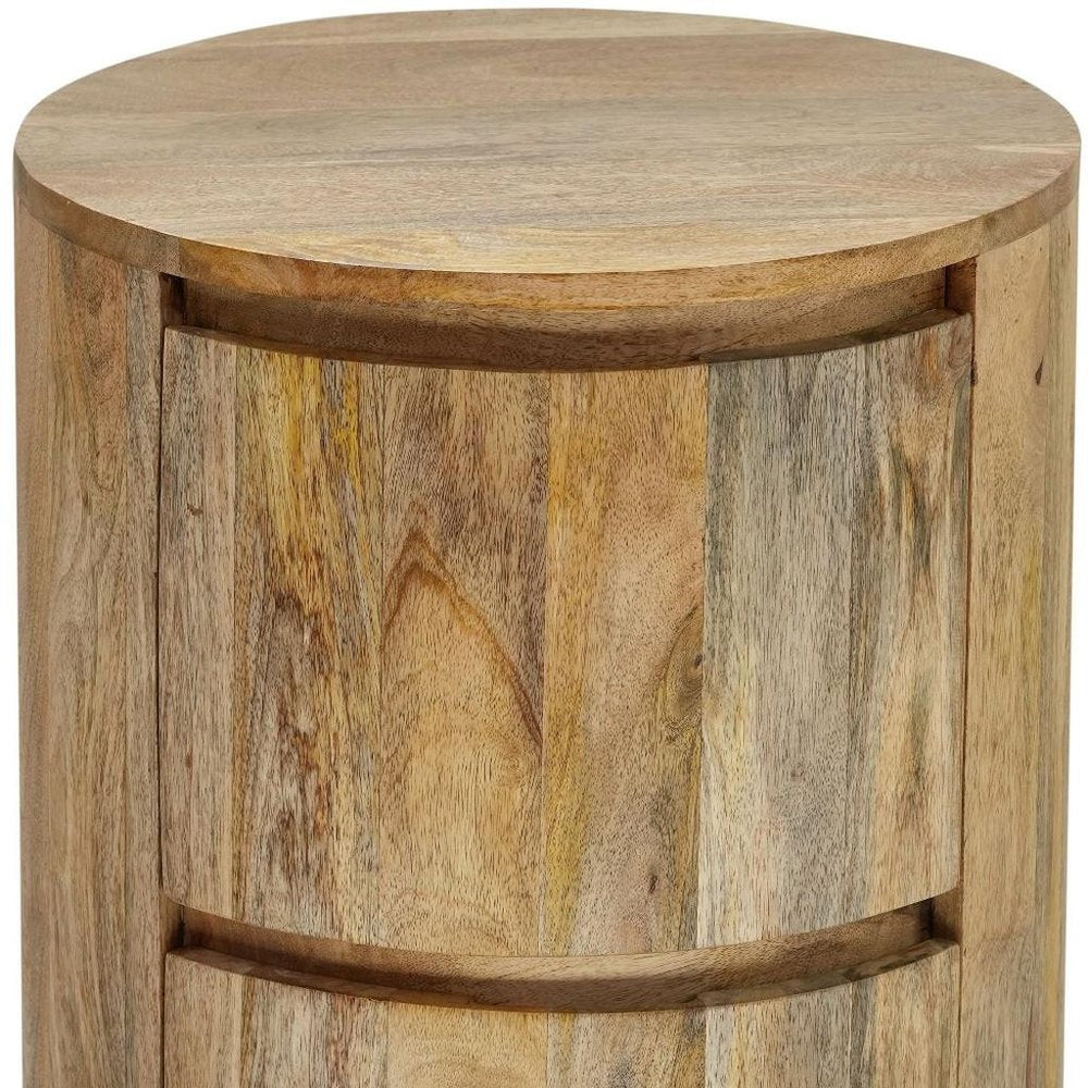 24" Natural Solid Wood Round Drum End Table With Two Drawers