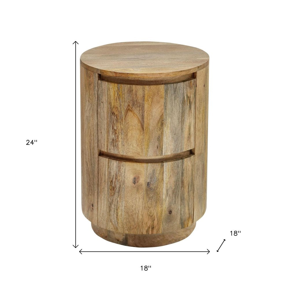 24" Natural Solid Wood Round Drum End Table With Two Drawers