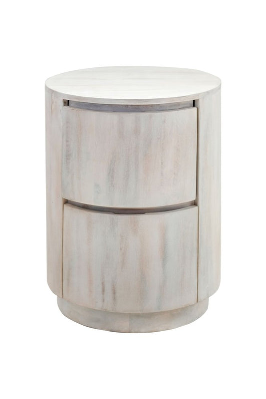 24" White Solid Wood Round Drum End Table With Two Drawers