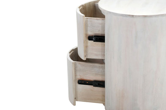 24" White Solid Wood Round Drum End Table With Two Drawers