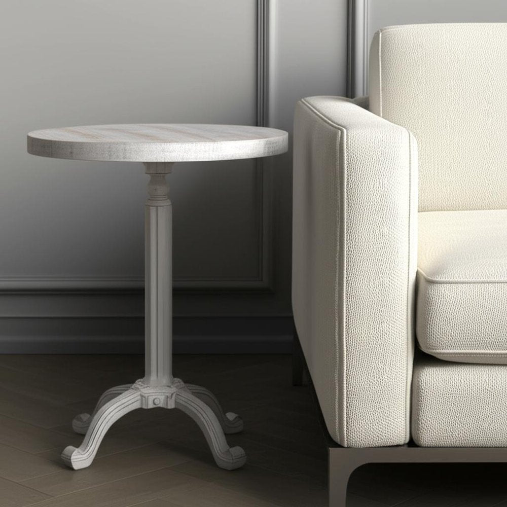 22" White Solid Wood and Metal Height Adjustable Round Pedestal End Table