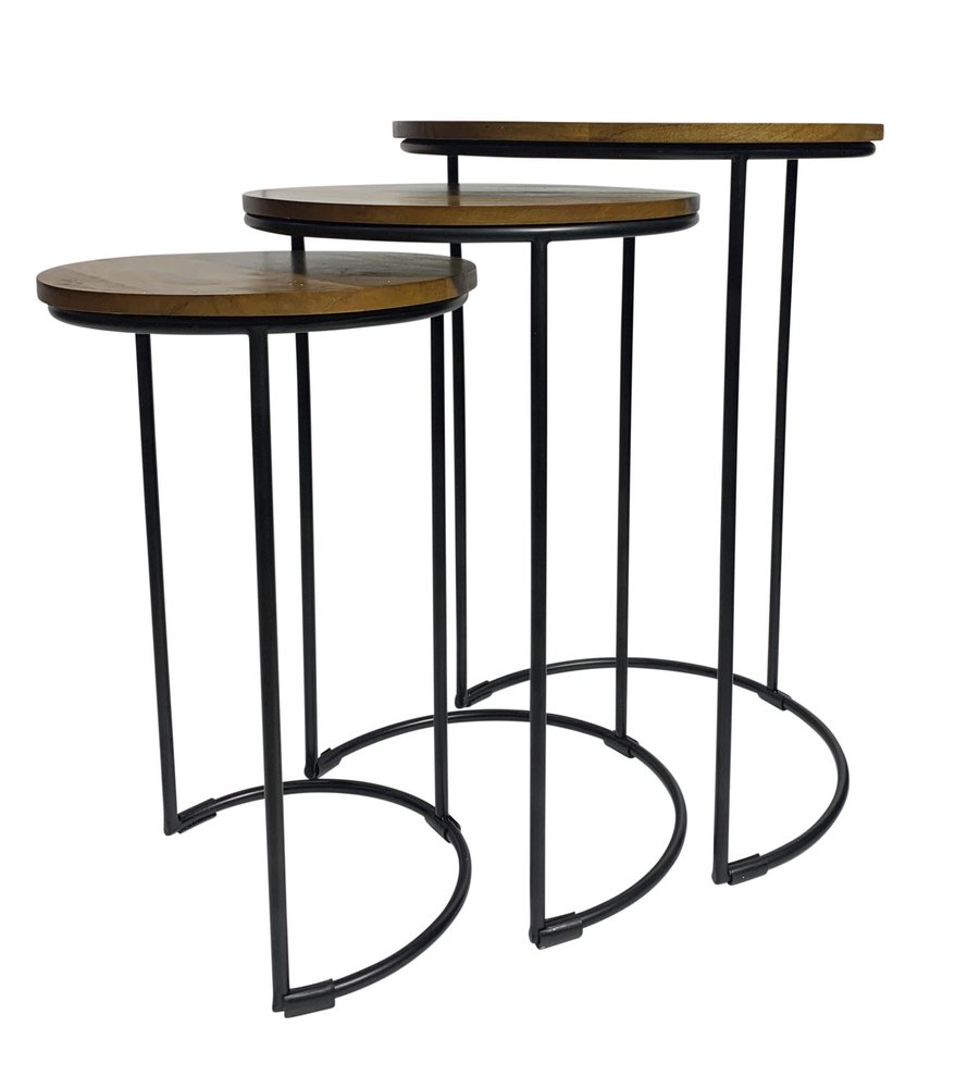 Set of Two Chestnut and Black Solid Wood and Metal Round Frame Nested Tables