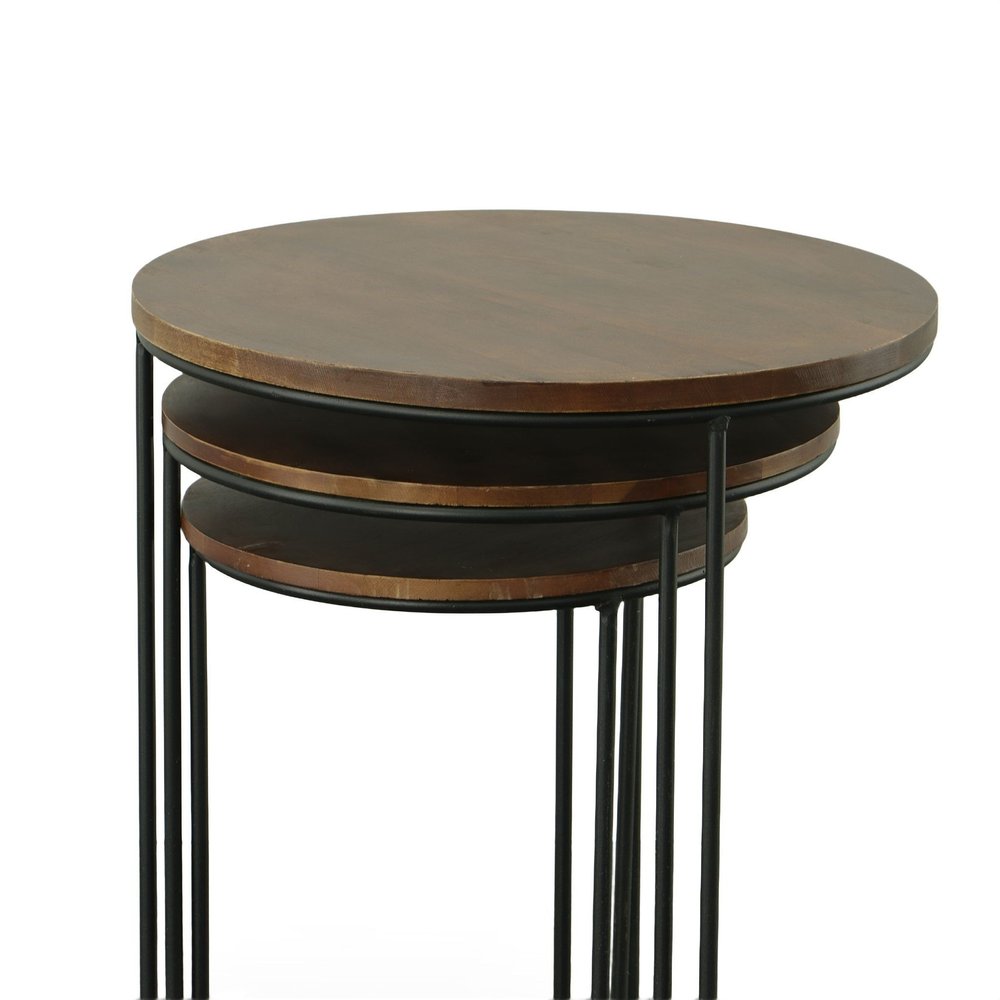 Set of Two Chestnut and Black Solid Wood and Metal Round Frame Nested Tables