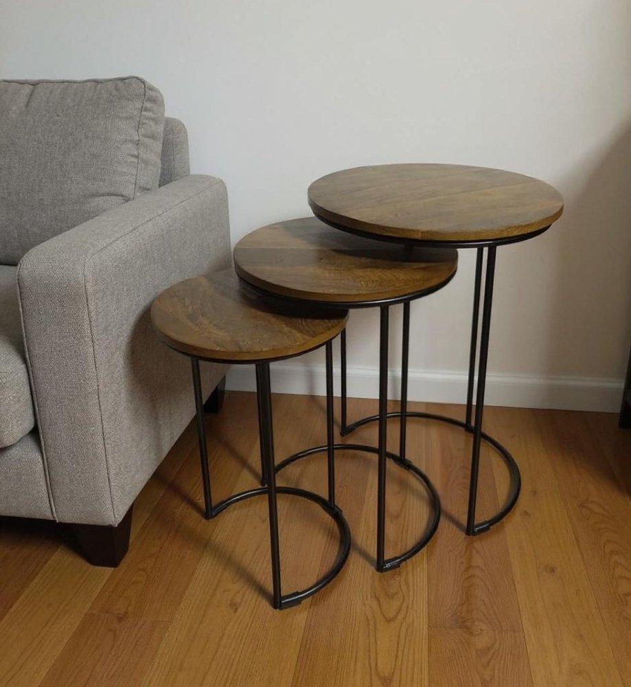 Set of Two Chestnut and Black Solid Wood and Metal Round Frame Nested Tables