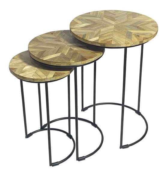 Set of Three Natural Natural and Black Solid Wood and Iron Round Frame Nested Tables