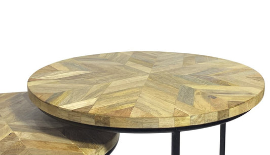 Set of Three Natural Natural and Black Solid Wood and Iron Round Frame Nested Tables