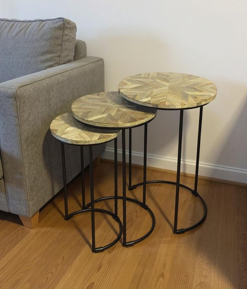 Set of Two Natural and Black Solid Wood and Metal Round Frame Nested Tables