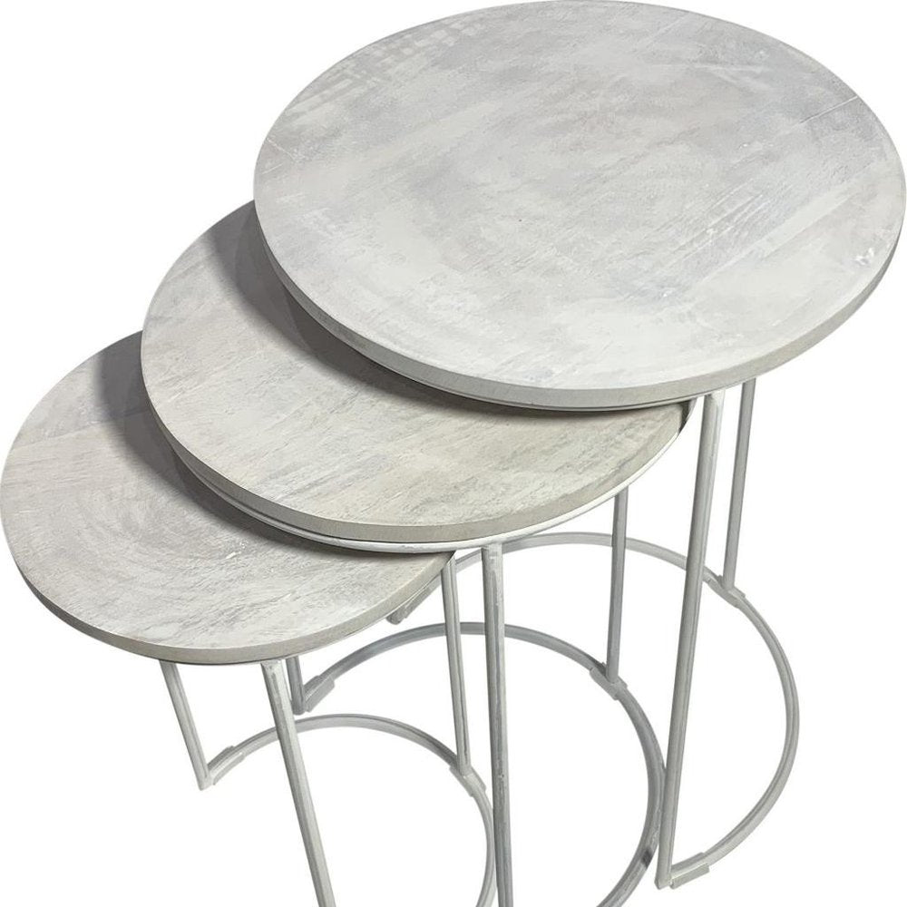 Set of Two White Solid Wood and Metal Round Frame Nested Tables