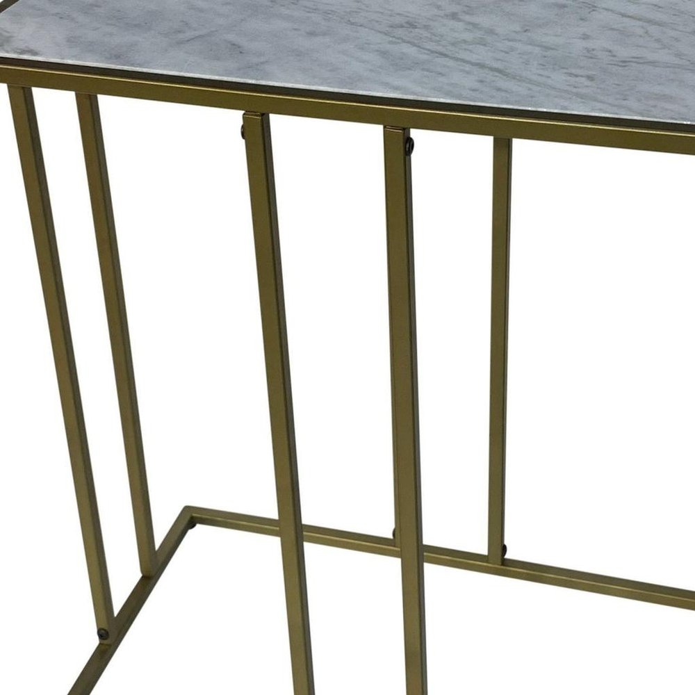 26" White and Antiqued Gold Marble and Iron End Table