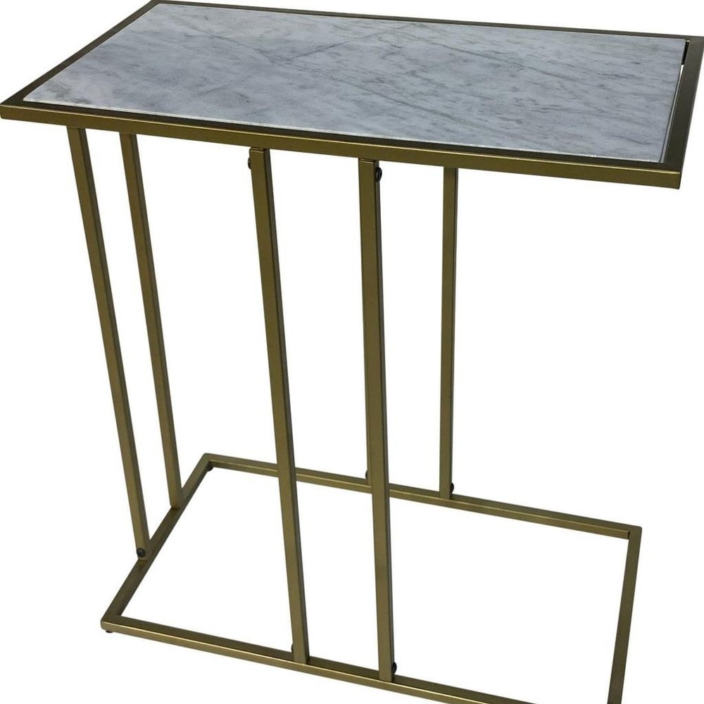 26" White and Antiqued Gold Marble and Iron End Table