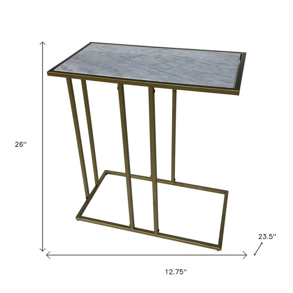 26" White and Antiqued Gold Marble and Iron End Table