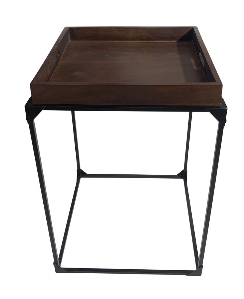 29" Dark Brown and Black Solid Wood and Iron Square Frame End Table