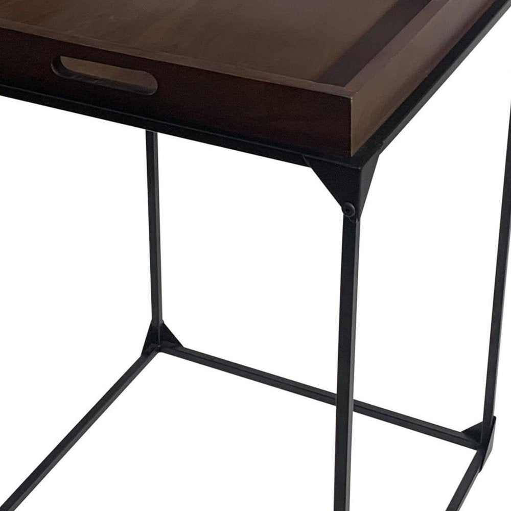 29" Dark Brown and Black Solid Wood and Iron Square Frame End Table