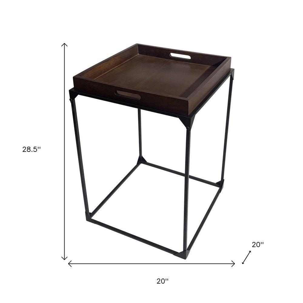 29" Dark Brown and Black Solid Wood and Iron Square Frame End Table