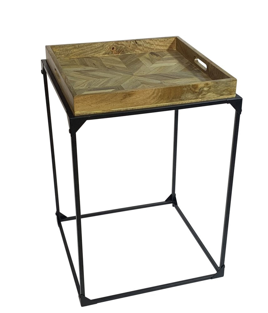 29" Natural and Black Solid Wood and Iron Square Frame End Table