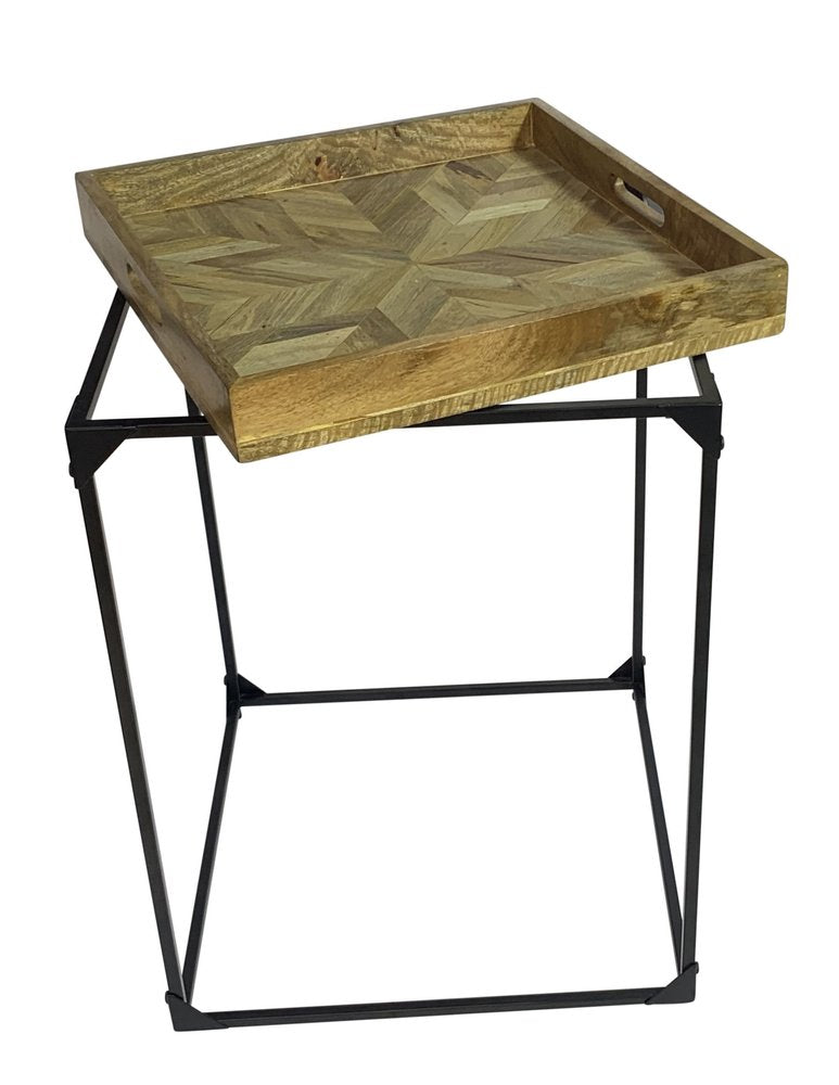 29" Natural and Black Solid Wood and Iron Square Frame End Table