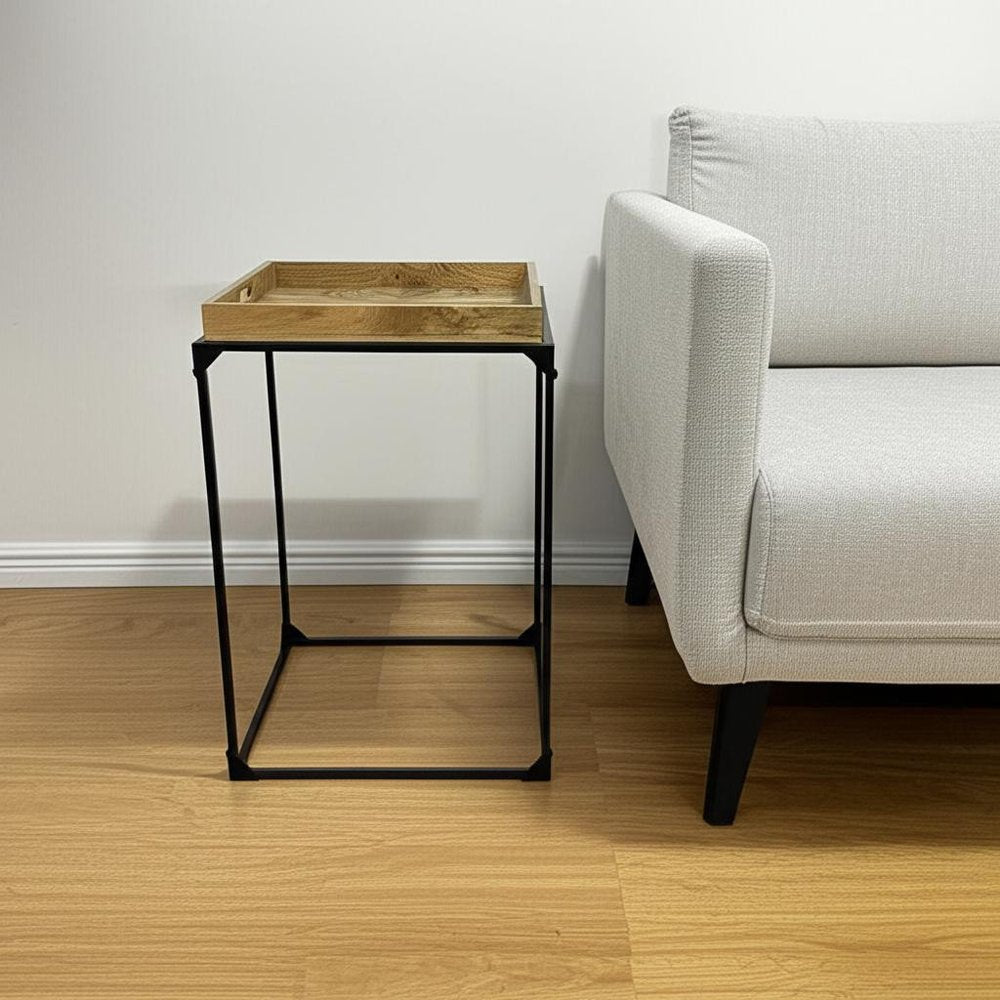 29" Natural and Black Solid Wood and Iron Square Frame End Table