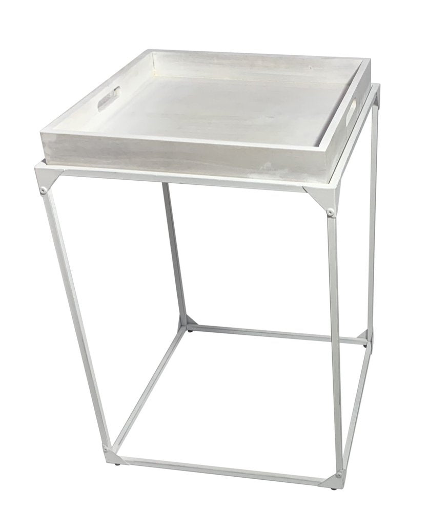29" White Solid Wood and Iron Square Tray Style End Table