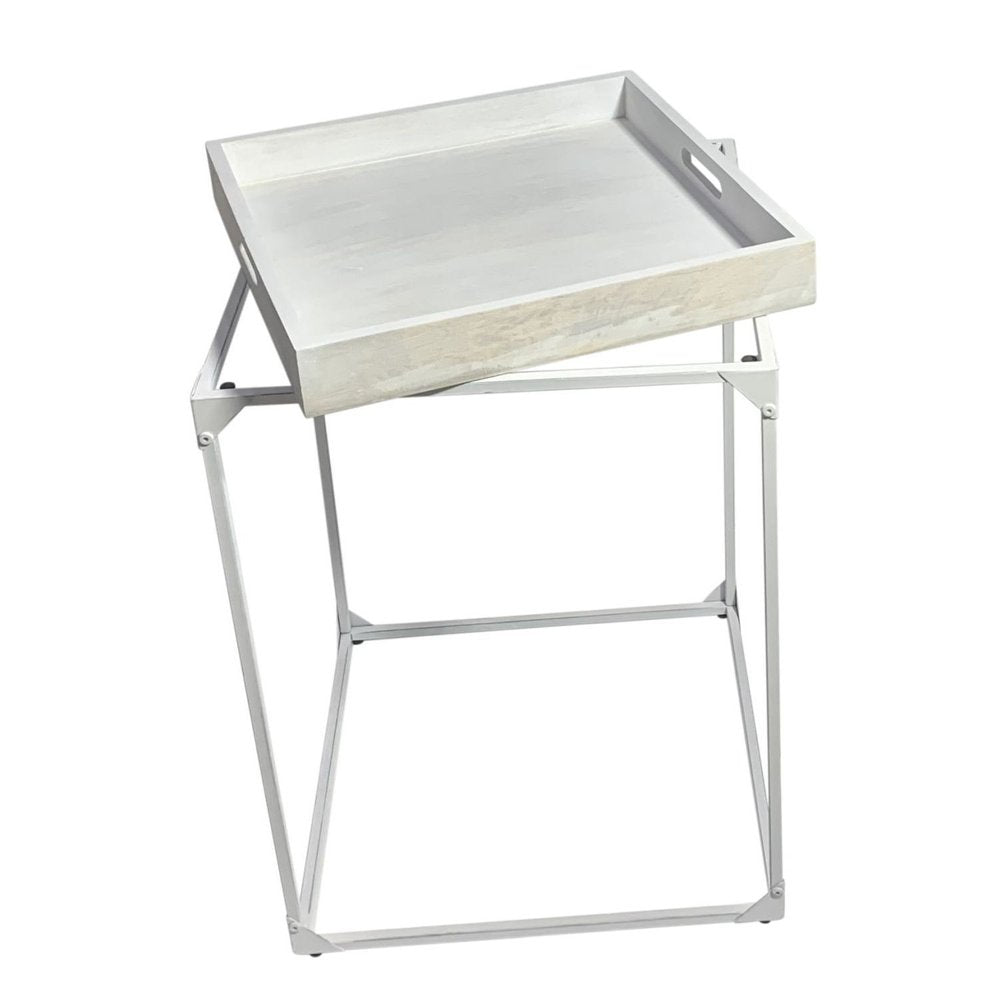 29" White Solid Wood and Iron Square Tray Style End Table